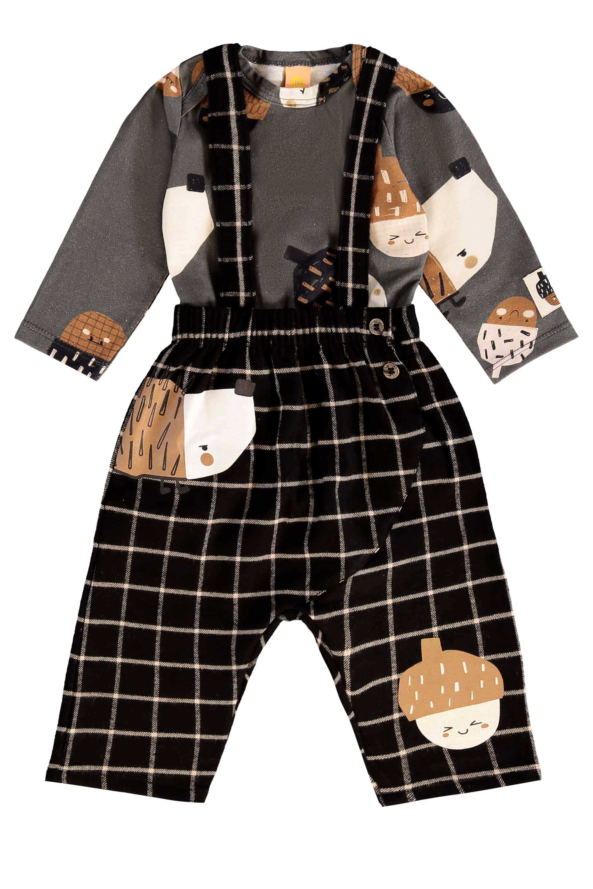 Conjuntos Nozes para Bebê Menino com Body e Jardineira (Cinza) Três e Já - Imagem 6